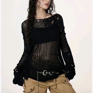 Y2k Distressed Oversized Crochet Knitted Black Top