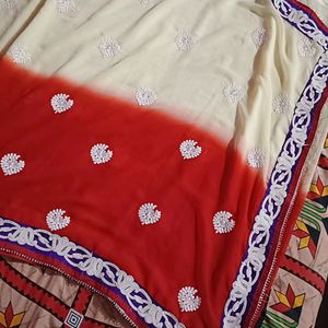 A Saree Half In Off White And rest Red