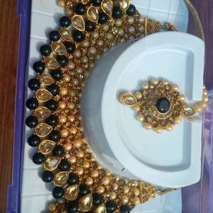 Very Gorgeous Golden And Black Color  Necklace With Earrings And Mangtika