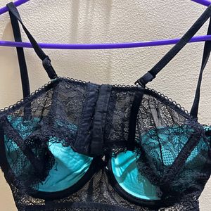 34B Sea Green & Black Padded Underwired Lace Bra