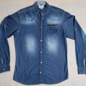 Men's  Denim Casual Shirt With Mandarin Collar