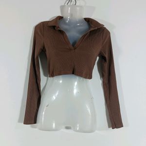 Brown Plain Casual Crop Top (Women)