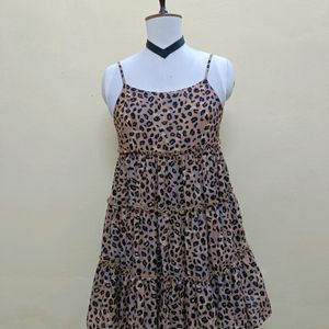 Brown And Black Cheeta Print Frill Dress