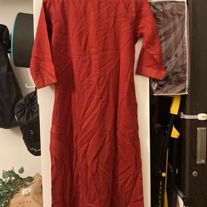 Red Unused Cotton Kurta With Gold Zari Detail