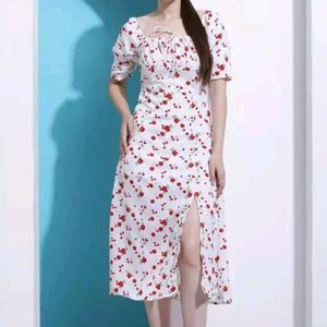 White_red Colour Flower Rose Printed Dress