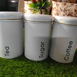 Coffee, Tea & Sugar Jar Set Of 3, White Colour