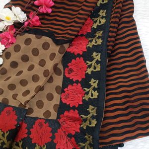 Georgett  Brown Saree With Red Floral Border