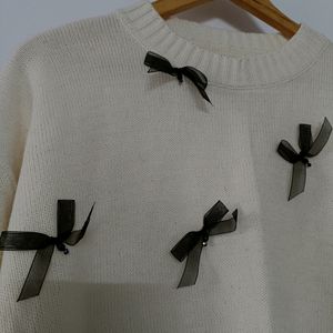 Cream KNIT Sweater With Bows