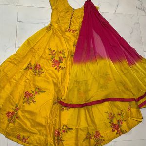 Yellow Floral Cotton Anarkali Kurta With Dupatta