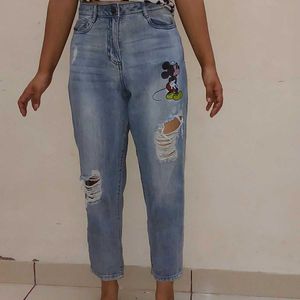 Mickey Mouse Print Distressed Jeans