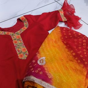 Red Suit with plazo and multi colour dupatta