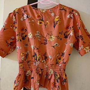 Women Peach Coloured & Black Floral Print Top