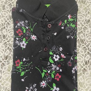 Black Flower Print Polo T-shirt