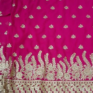 Rani Pink Saree Golden Border Stitched Blouse Part