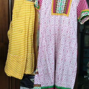 Pink Yellow Kurti Pant Set