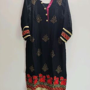 Black Embroidered Kurti with Floral Border