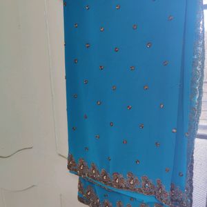 Teal Heavy Embroidery Saree With Blouse