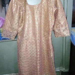 Golden Kurti With All Over Emroidery Work I'm Small Size