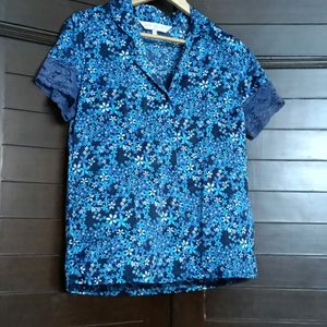 Women Blue Floral Printed Lace Shirt