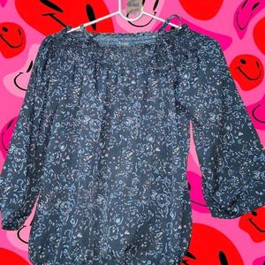 Navy Blue Printed Off Shoulder Blouson Top