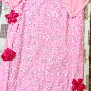 Pink Suit Set With Mirror Work & Thread