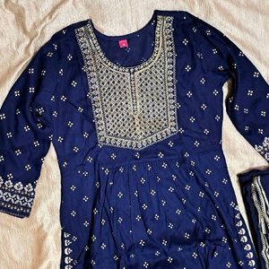 Blue Nyra Cut Embroidery Kurti Set