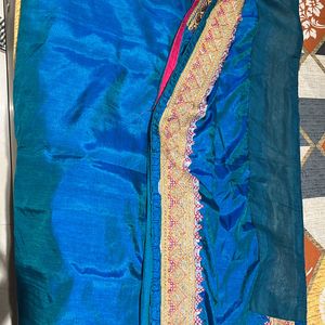 Peacock Blue Saree With Pink Border ( No Blouse )