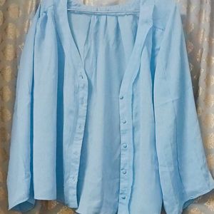 Light Blue Deep V-Neck Shirt For Casual Wear