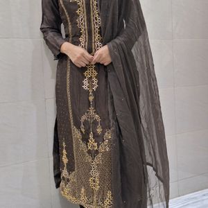 Fabulous Brown Heavy 3 Piece Stiched Women Suit