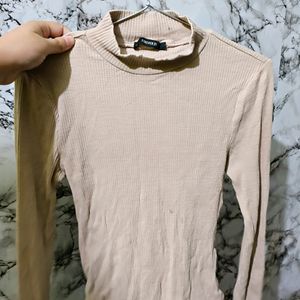 Forever 21 Full Sleeves Beige Ribbed Bodysuit