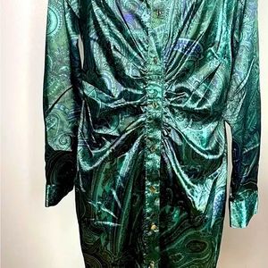 ZARA green satin paisley print ruched shirt