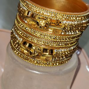 Bronze And Gold Toned Stoned Bangles Set Of 8