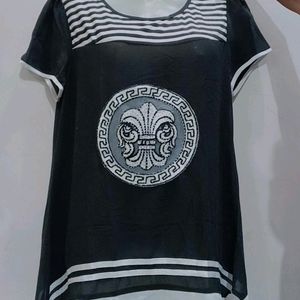 Women Printed Round Neck Cotton Blend Black Topper