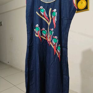 Dark Blue Parrot Design Sleeveless Kurti