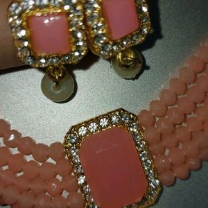 Coral Color Choker Necklace Set With Earrings