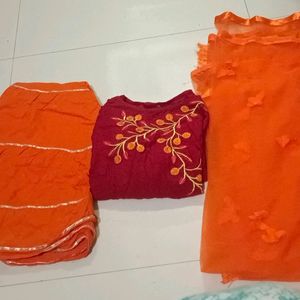 Orange Sharara Set With Butterfly Net Dupatta