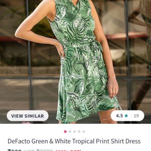 Defacto Green&white Tropical Print Shirt Dress