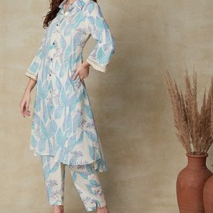 Off White Floral Printed Pure Cotton Kurta Set