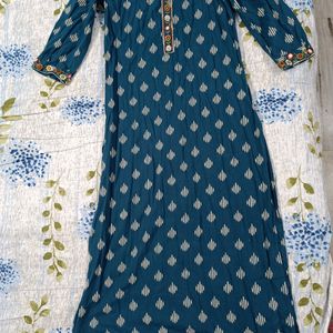 Teal Green Cotton Kurta With Embroidery