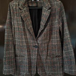 Grey Checked Wool Blend Coat