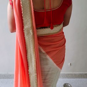 Party Wear Off White & Orange Saare