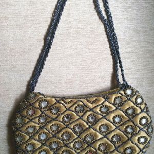 Beige Handbag With Blue Beadwork