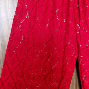 Red Chickenkari Work Kurta Set