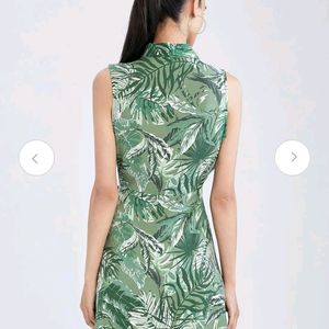 Defacto Green&white Tropical Print Shirt Dress