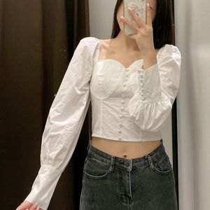 White Full Sleeves Puffed Crop Top