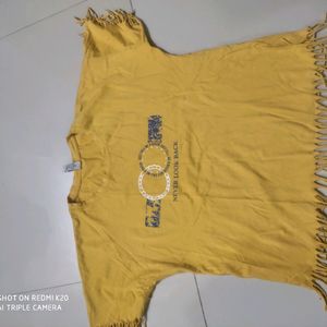 yellow fringe style printed top