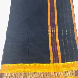 Black Mustard Saree With Woven Border And Blouse