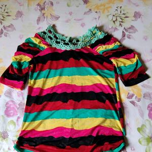 Multicolour Striped Women Top With Net Around Nec