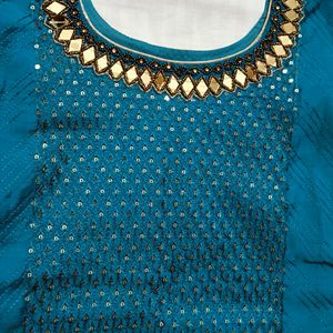 Women Blue Chanderi Cotton Embroidered Suit Set