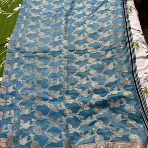 Blue Banarasi Tissue Saree With Silver Jari